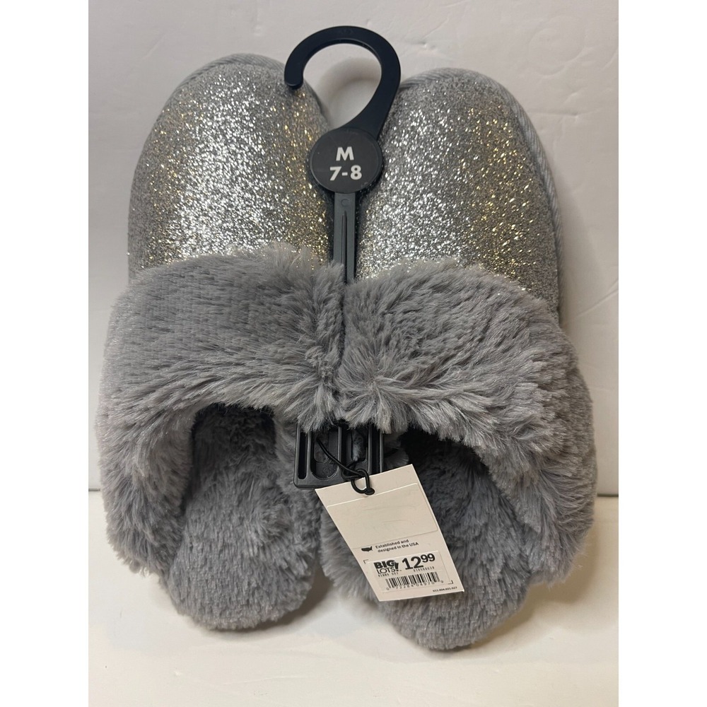 Womens Silver Glitter Faux Fur Scuff Slippers Grey Size M 7-8 NEW